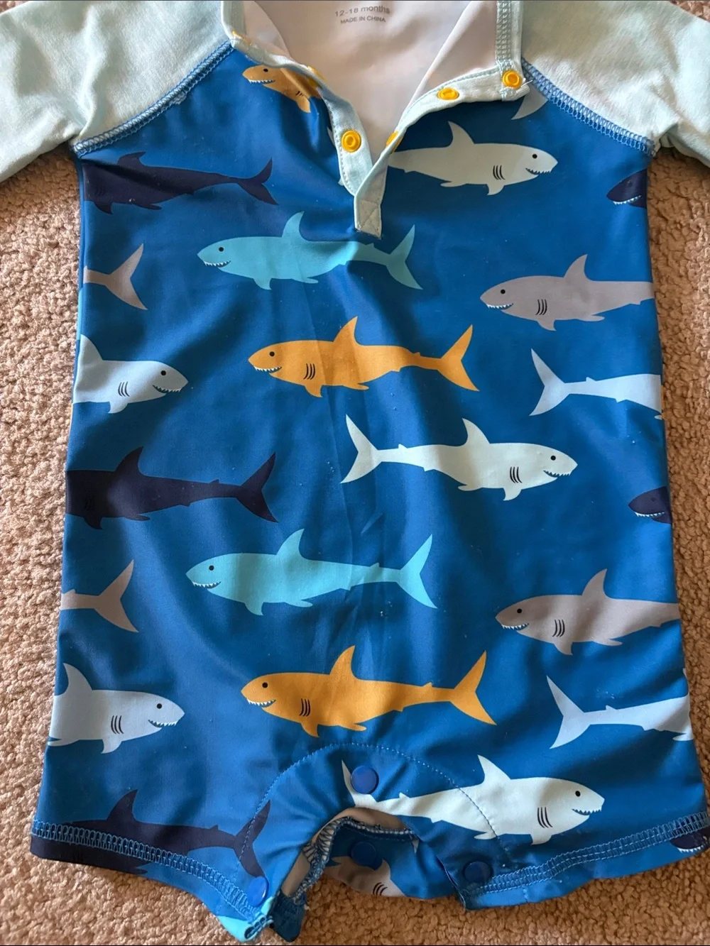 Mud Pie Blue & Aqua Shark-Print Long-Sleeve One-Piece Swim